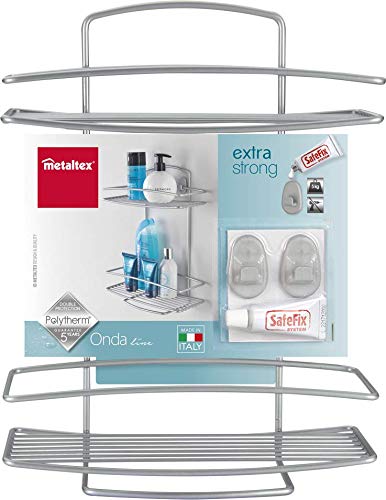 2-Tier Rectangular Shelf with Safefix - Silver Metal Wall Mounted Storage Shelf for Bathroom, Kitchen, or Office Organization