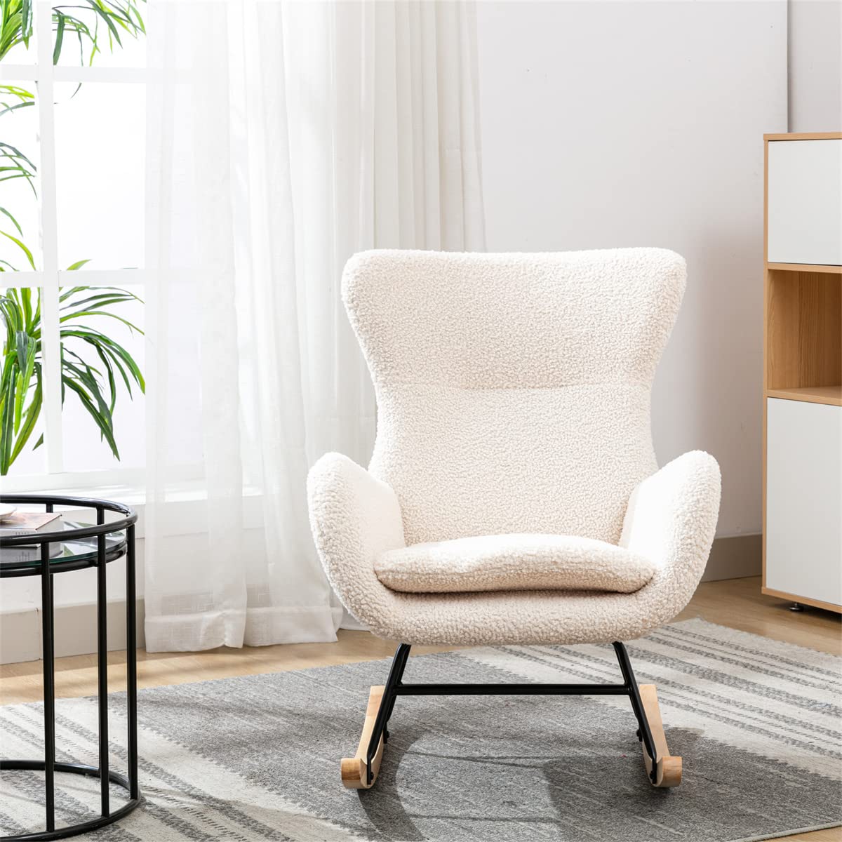 Teddy Rocking Chair - Upholstered High Back Accent Chair with Armrests & Padded Seat - Sturdy Metal & Wood Base Rocking Sofa for Living Room, Bedroom, Office - Beige Fabric - Perfect for Nursery, Reading Nook & Relaxation