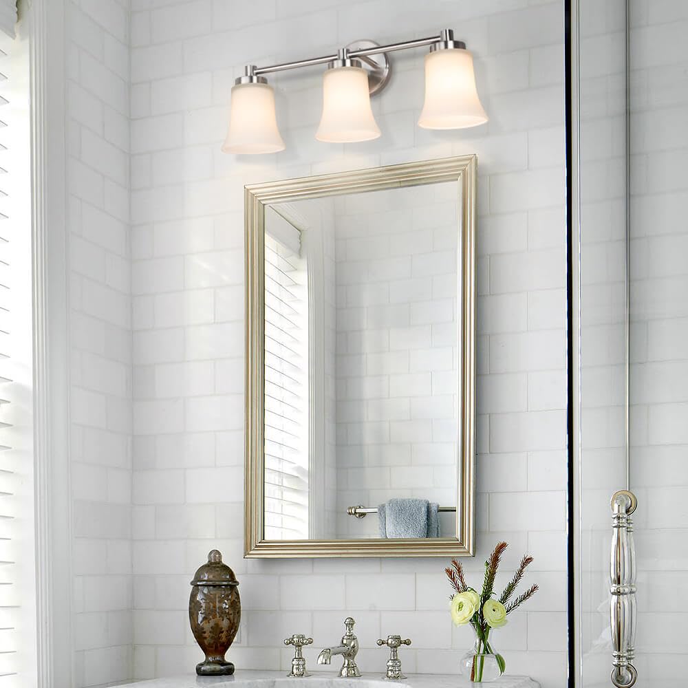 Modern Bathroom Vanity Light - Brushed Nickel 3-Light Wall Sconce with Glass Shade for Bathroom, Powder Room & Dressing Area | XB-W1235-3-BN | Elegant Lighting Fixture for Home Decor