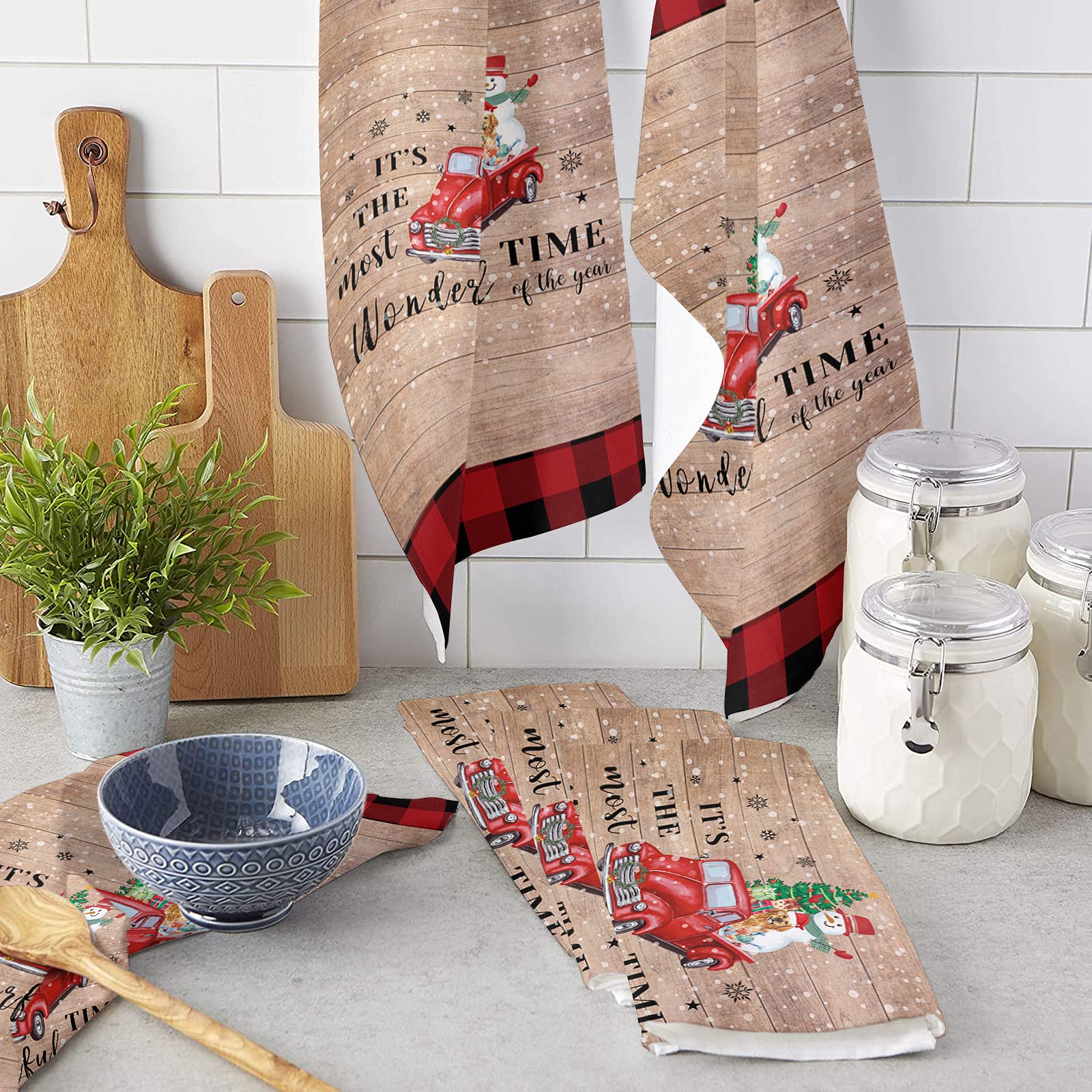 **3 Pack Super Absorbent Soft Microfiber Kitchen Dish Towels - Christmas Truck Pull Xmas Tree Golden Retriever Design on Rustic Wooden Grain - Cleaning Dishcloths, Hand Towels & Tea Towels for Kitchen, Bathroom & Bar - Perfect for Holiday Decor, Dish Drying & Hand Wiping**
