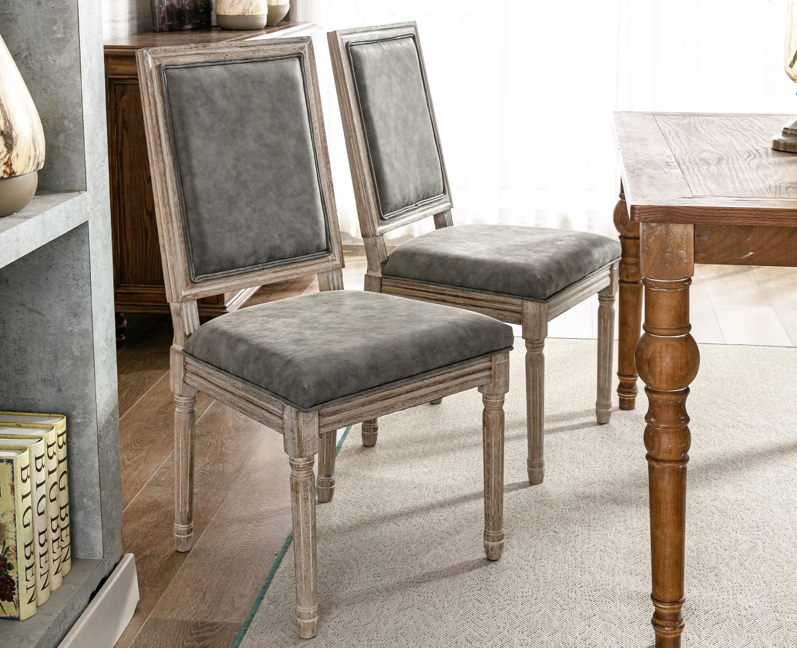 Kmax PU Leather Dining Chairs Set of 2 - French Farmhouse Style Square Back Chairs for Kitchen, Living Room & Dining Room - Comfortable Grey Seating for Home Decor & Entertaining