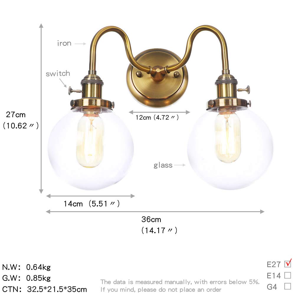 Vintage Gold Metal Wall Lamps with Clear Glass Lampshade - 2-Light Bedroom Sconce with Switch | Perfect for Bedroom, Living Room, Hallway & Reading Nook Lighting