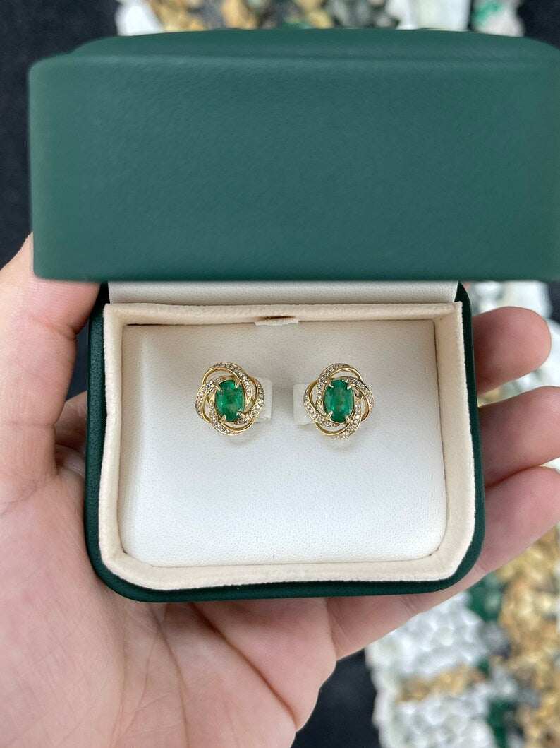 2.31tcw 14K Gold Oval Cut Emerald & Diamond Halo Earrings - Medium Dark Green Gemstone Jewelry for Women, Perfect for Weddings, Parties & Special Occasions