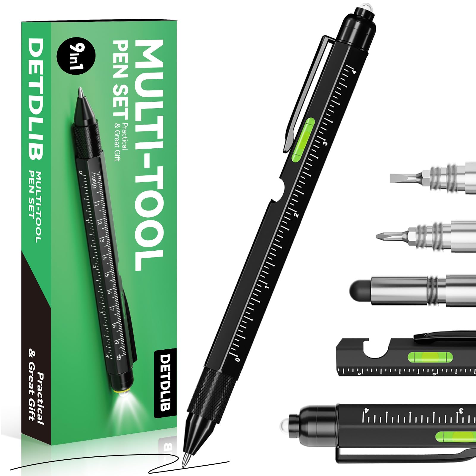 9-in-1 Multitool Pen with LED Light - Perfect Gift for Men & Women - Birthday, Christmas & Everyday Carry - Black (Great for Camping, Office & Emergency Use)