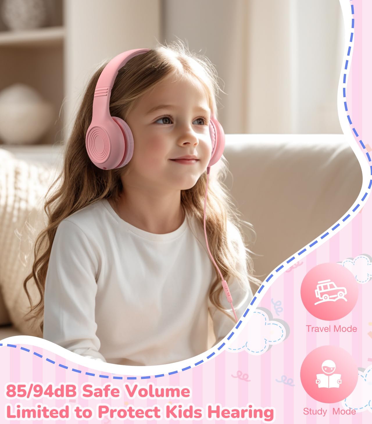 Upgrade USB Type C Kids Headphones with Microphone - Adjustable 85dB/94dB Volume Limited Wired Headphones for Boys & Girls (Pink) - Perfect for Online Learning, Gaming, and Travel