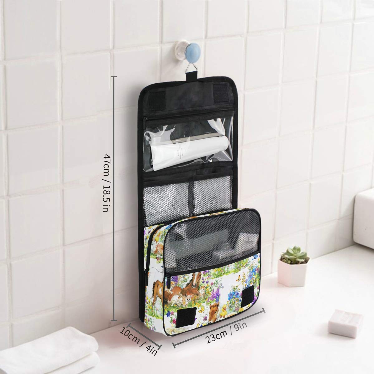**Moyyo Cute Horses Cats Duck Flowers Hanging Toiletry Bag - Travel Wash Bag Organizer for Women, Girls & Kids - Portable Cosmetic Organizer for Gym, Camping & Vacation**    (Note: The original title was already in English, so no translation was needed. I streamlined the keywords, removed redundancy, and added usage scenarios like 