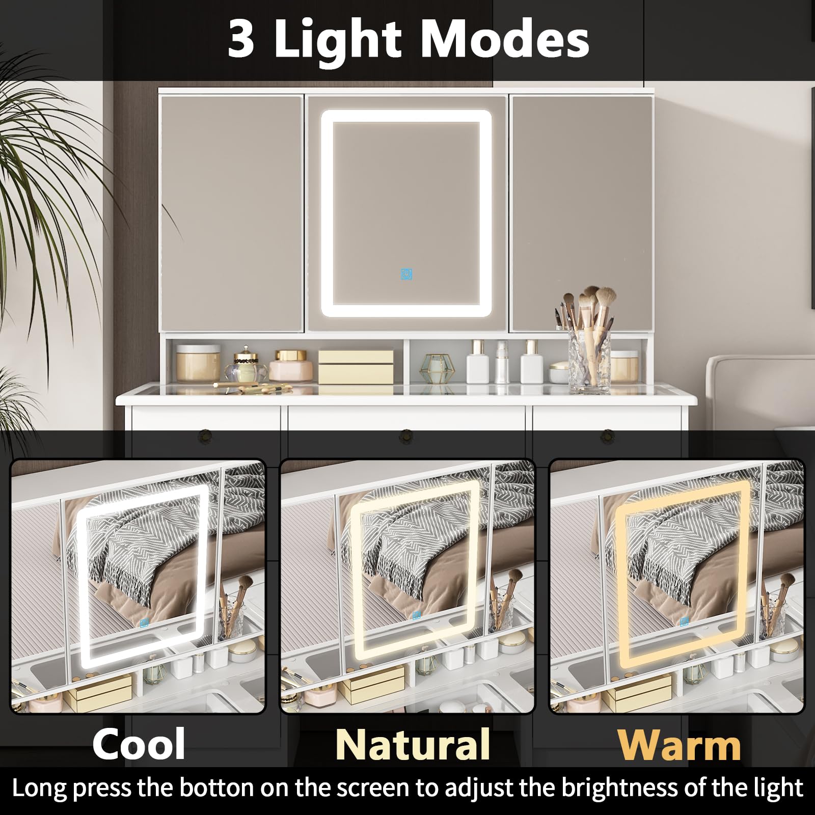 FUFU&GAGA White Modern Vanity Desk with Mirror & LED Lights, 9 Drawers & Hidden Shelves, Large Glass Top Makeup Dressing Table for Bedroom (43.3”W x 19.7”D x 53.6”H) - Perfect for Makeup Organization, Home Salon Setup & Glam Room Decor