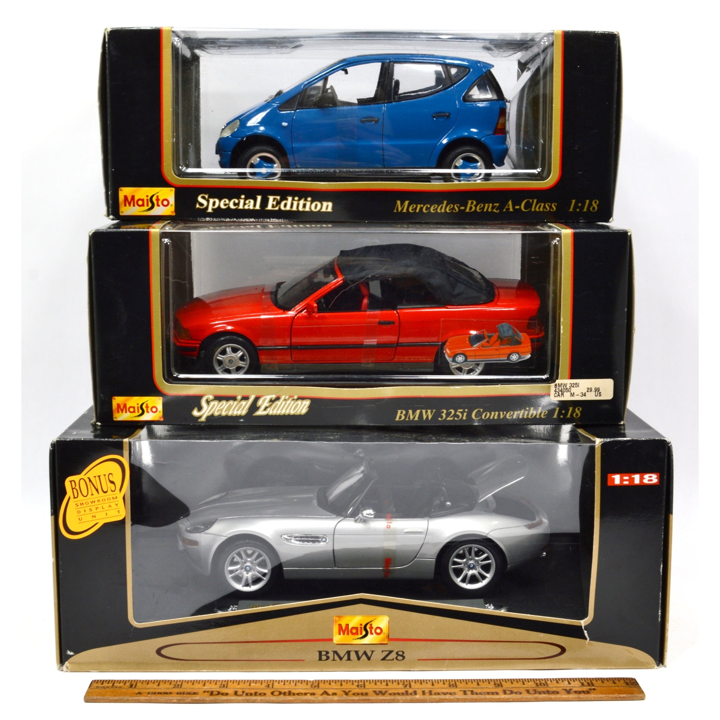 3-Piece Maisto Diecast Car Collection - 1:18 Scale BMW Z8, 325i Convertible & Mercedes A-Class - Premium Model Cars for Display, Collecting & Gifting