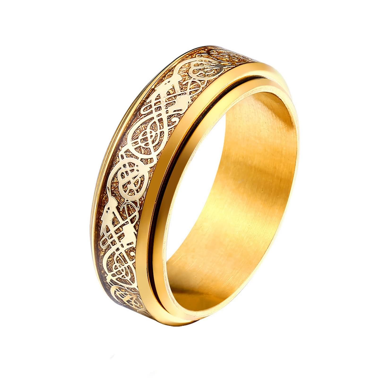 Men's Stainless Steel Gold Dragon Pattern Engagement Ring - Size R 1/2 - Perfect for Weddings, Proposals & Anniversary Gifts