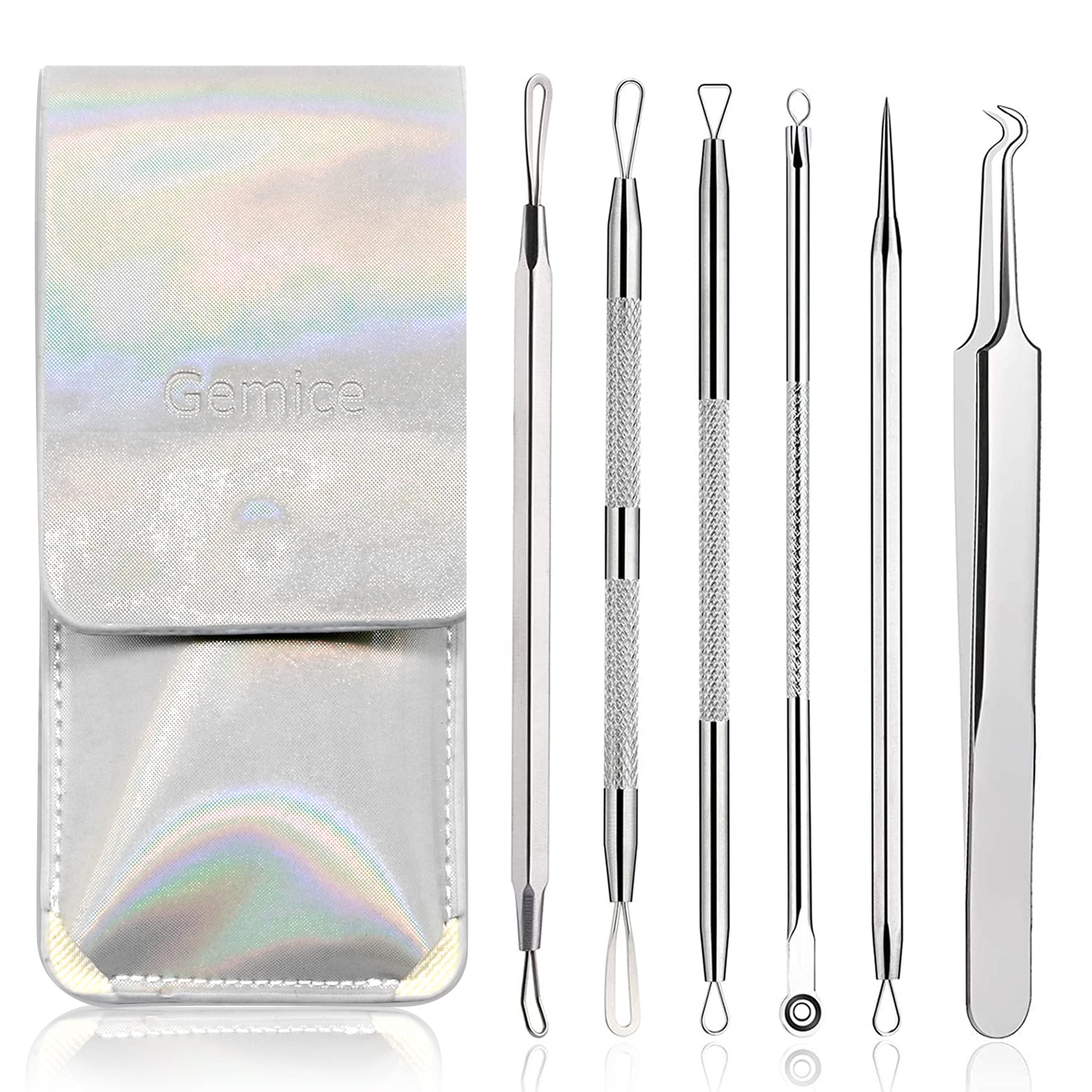Gemice 6-Piece Blackhead Remover Kit - Stainless Steel Pimple Popper & Comedone Extractor Tools for Face Acne Treatment - Whitehead & Blemish Removal Set with Leather Case - Perfect for Home Skincare & Professional Spa Use