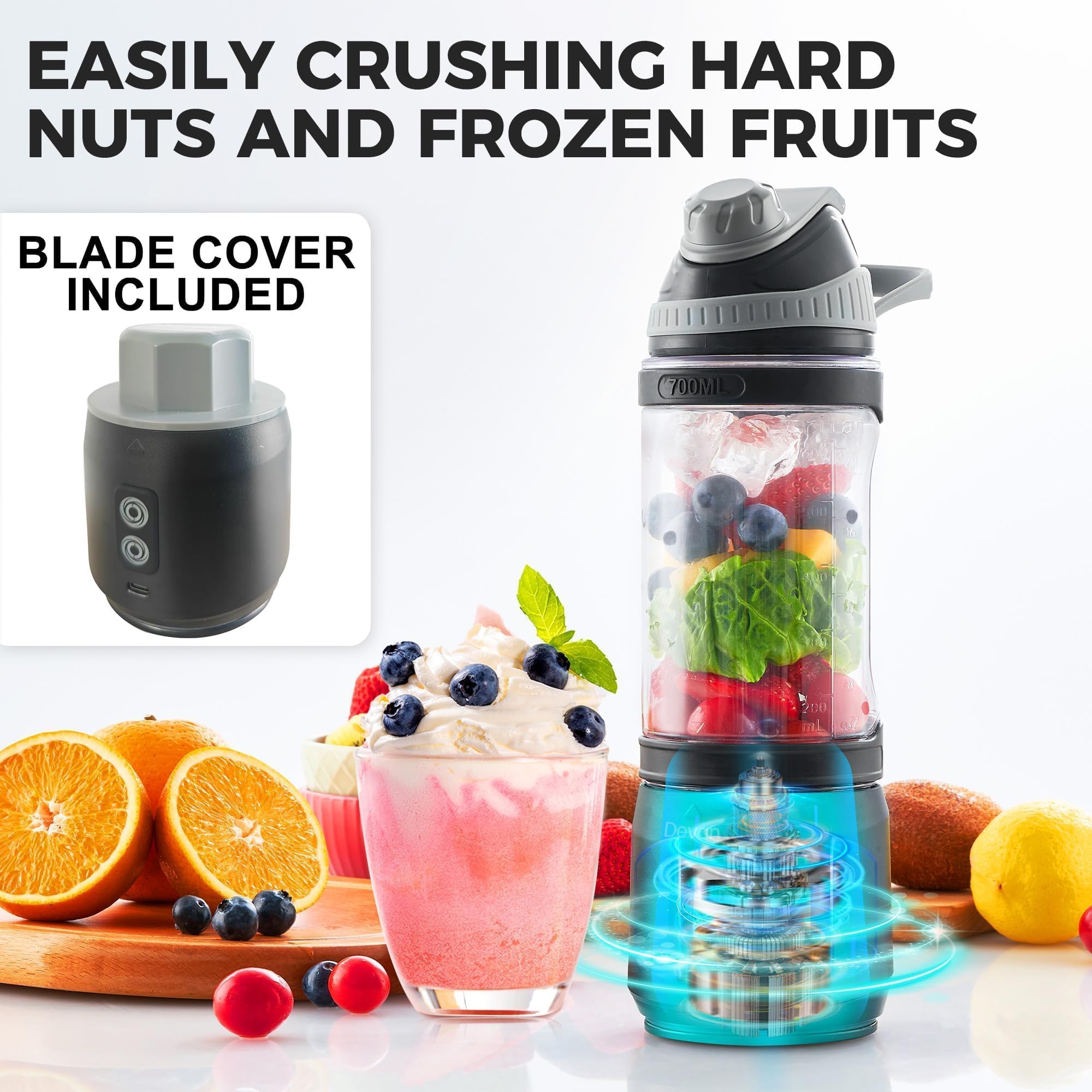 Portable USB-C Rechargeable Blender for Smoothies, Protein Shakes & Juices - 24oz BPA-Free Electric Mixer with Anti-Jamming Technology & Travel Lid - Perfect for Kitchen, Gym, Office & Outdoor Activities (Black Base Yellow Lid)