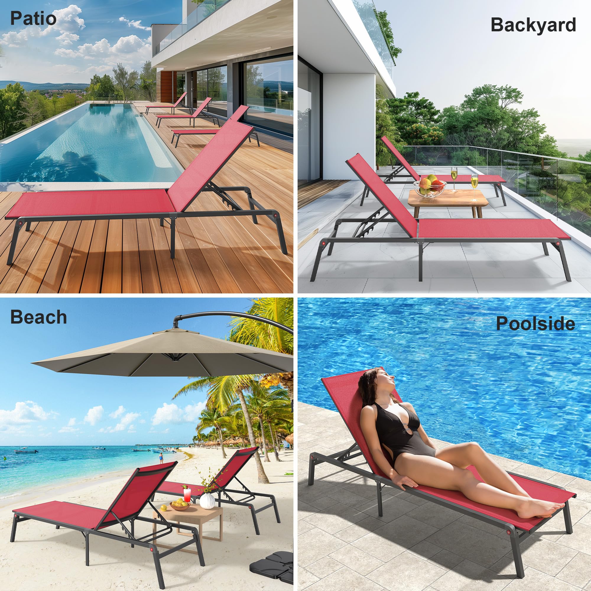 Premium Foldable Outdoor Lounge Chair - 0-60° Adjustable Backrest, No Assembly Required, Stainless Aluminum Frame for Patio, Poolside & Beach Relaxation (Red) | Perfect for Sunbathing, Backyard Lounging & Vacation Getaways