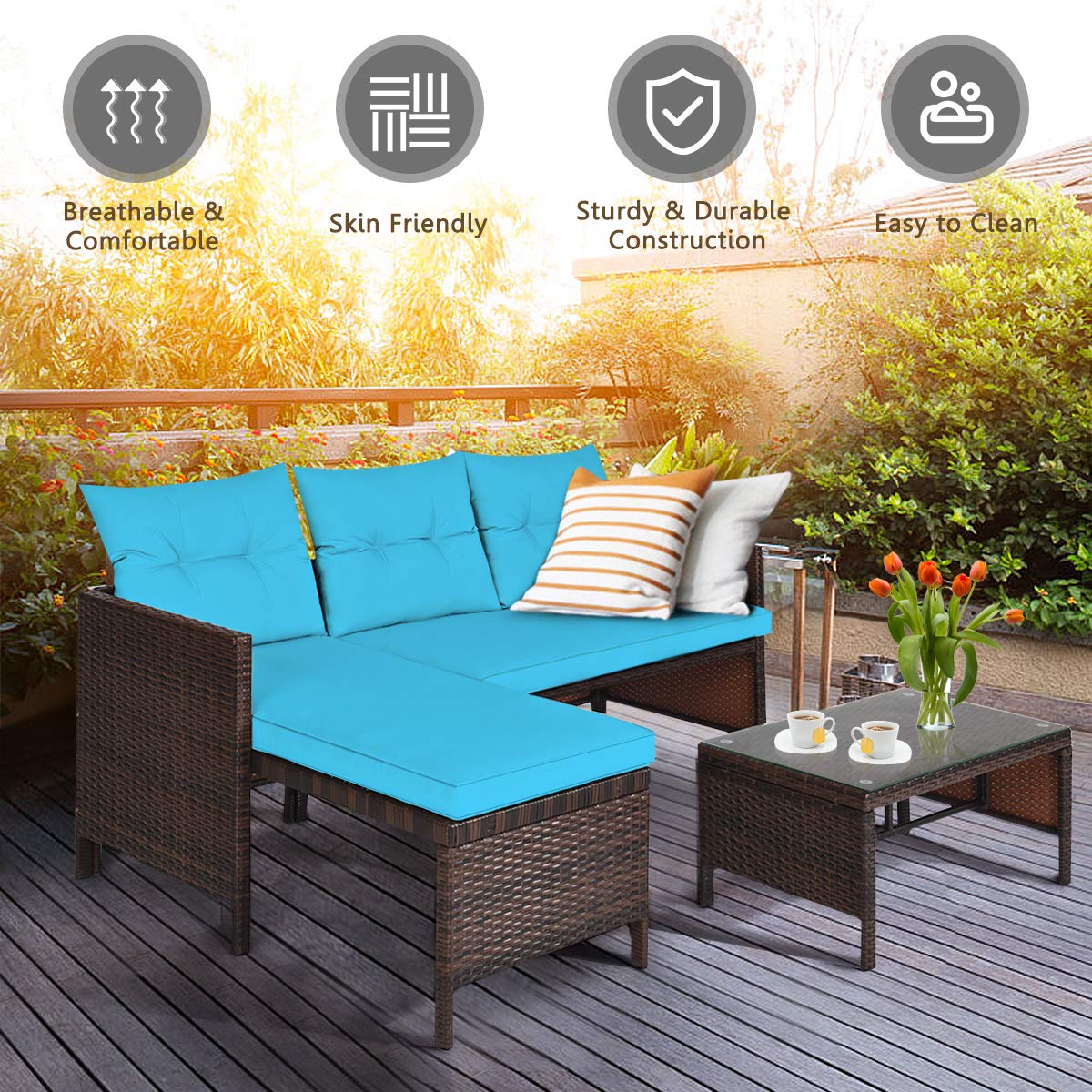 All-Weather Moccha Patio Furniture Set - 5-Piece Outdoor Sectional Sofa with Lounge Chaise, Loveseat & Coffee Table - Durable Rattan Wicker Couch with Washable Cushions - Turquoise Garden, Backyard, Lawn & Poolside Furniture for Relaxation