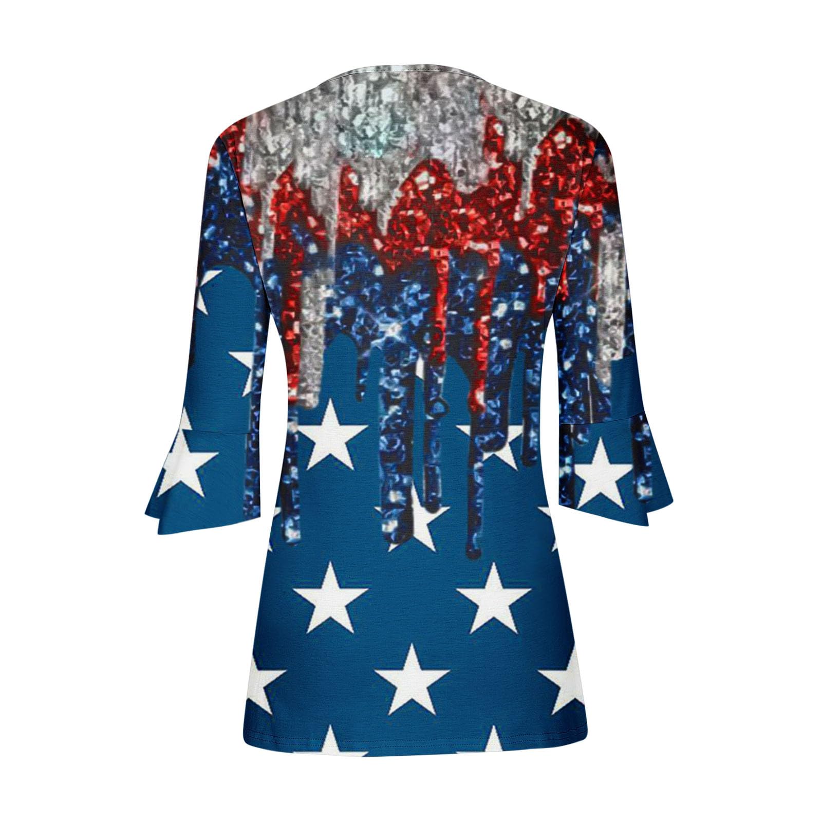 Women's American Flag T-Shirt - 3/4 Sleeve V-Neck Patriotic Blouse - Casual Button Down Tunic Top for 4th of July, Memorial Day & Everyday Wear