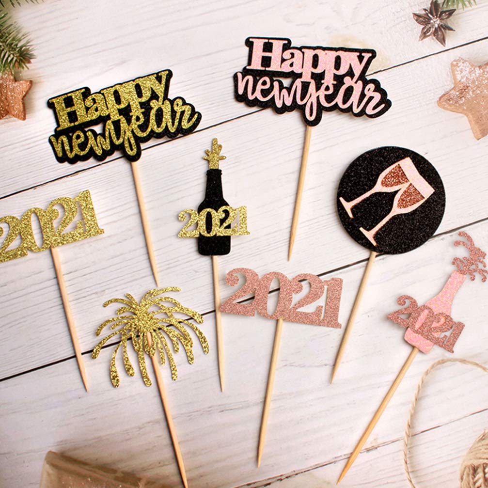 16pcs 2021 New Year Cake Toppers - Glitter Cake Decorations, Lovely Dessert Supplies for Party, Wedding & Birthday Cakes - Includes Cake Inserted Cards for New Year Celebrations