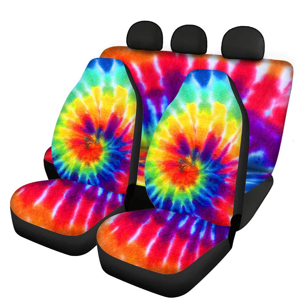 HUISEFOR Rainbow Tie-Dye Car Seat Covers (Pack of 4) - Waterproof Universal Front Bucket Seat Protectors for Men & Women - Perfect for Daily Commute, Road Trips & Car Interior Decoration