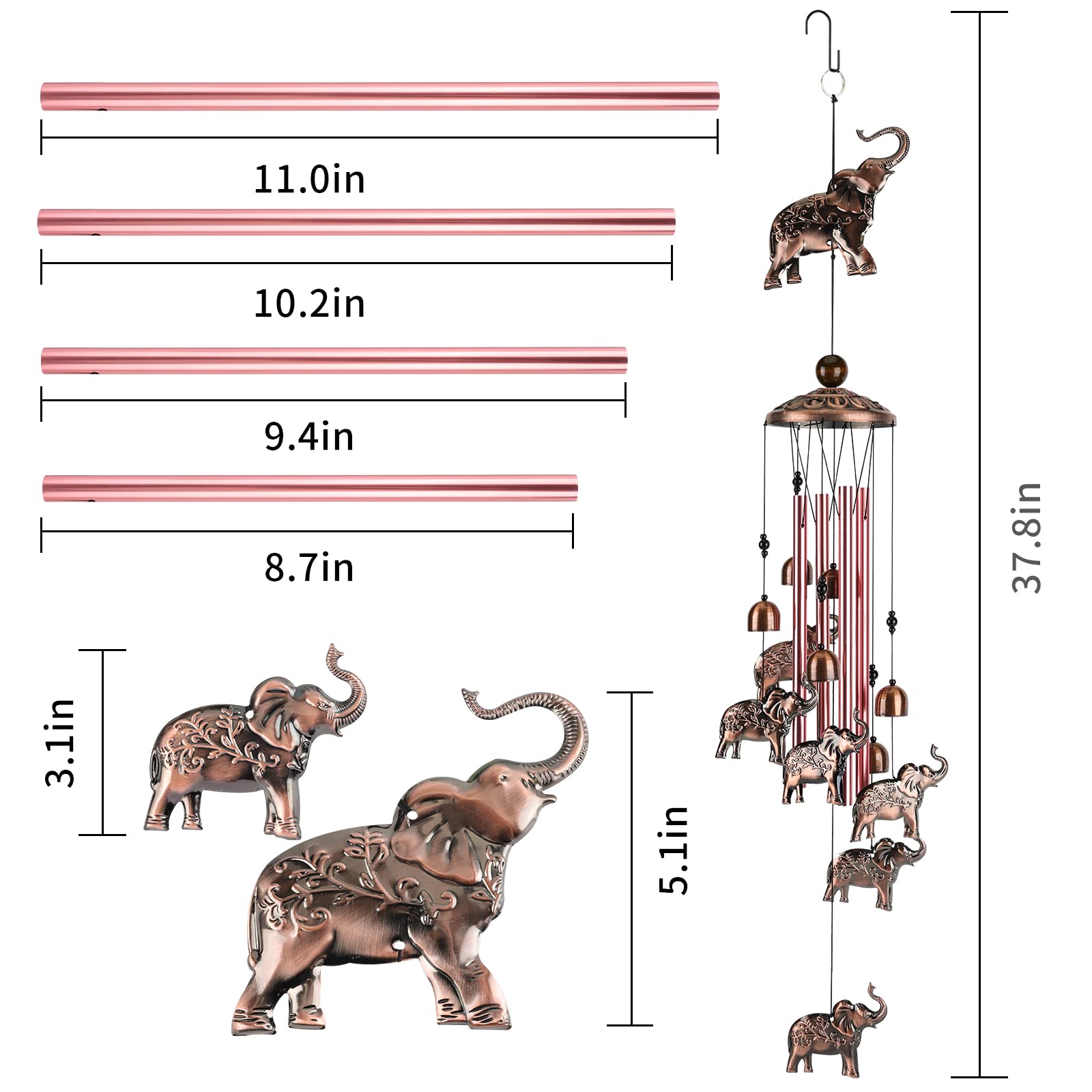 Handmade Copper Elephant Wind Chimes for Outdoor & Garden Decor - Unique Musical Wind Chime Gift for Women, Mom, Grandma - Perfect for Patio, Porch, Yard & Christmas/Birthday Gifts