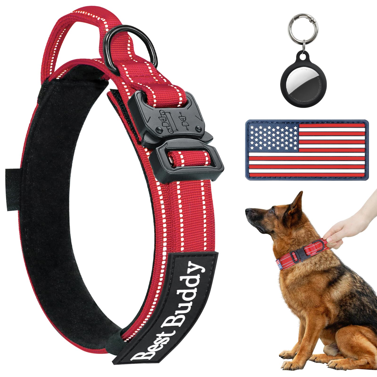 AUBELL Reflective Tactical Dog Collar - Adjustable Military-Grade K9 Collar with Handle & Quick Release Buckle for Medium Dogs - Includes AirTag Case & 2 Patches (Red, Medium) - Perfect for Night Walks, Training & Outdoor Adventures
