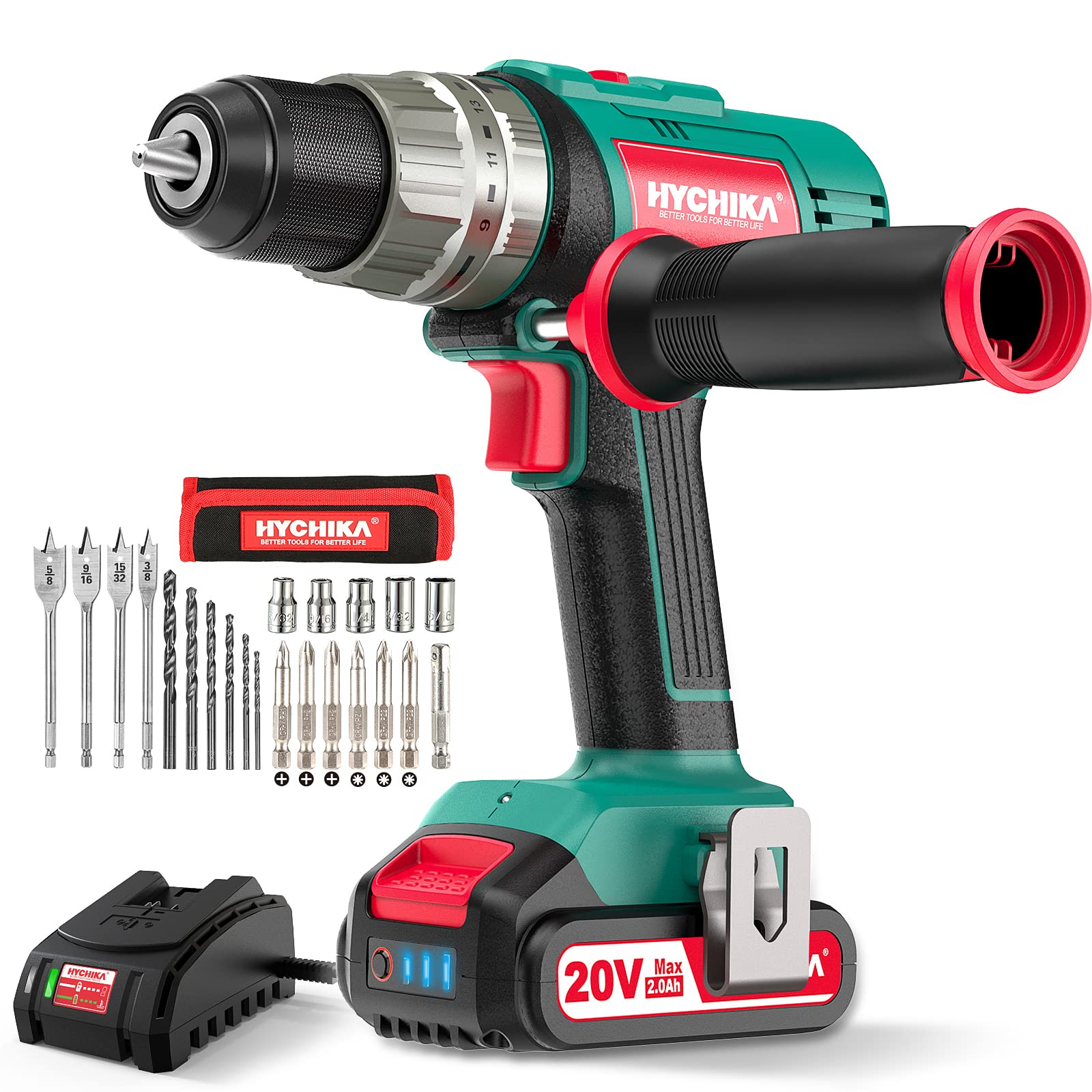 HYCHIKA 20V Cordless Hammer Drill Driver - 400 In-lbs Torque, 1/2