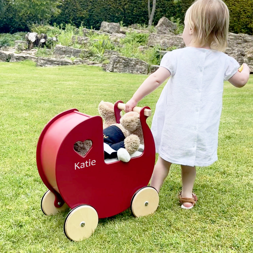 Personalized Red Wooden Baby Pram with Bernard Bear - Perfect for Newborn Gifts & Nursery Decor