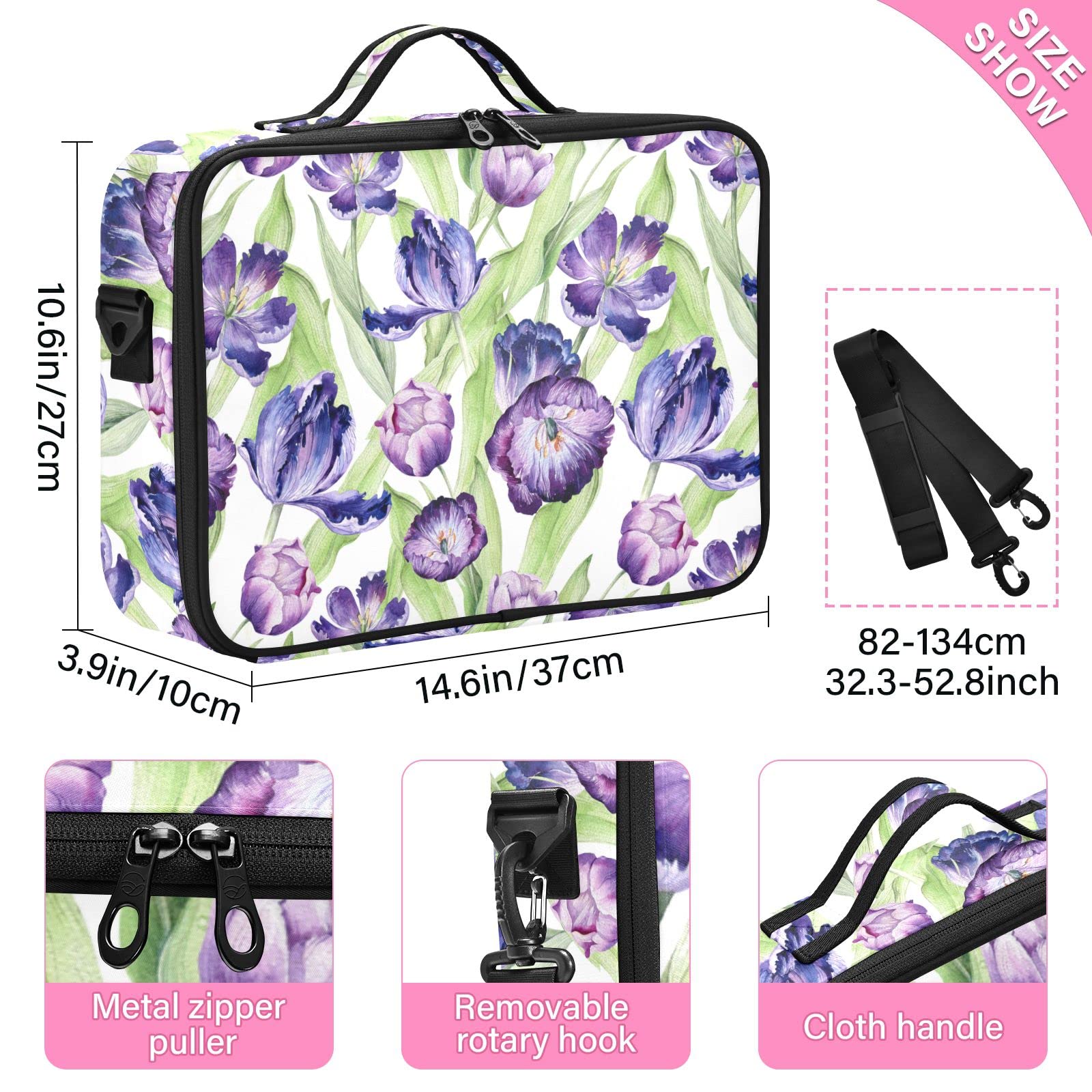 Purple Flowers Travel Makeup Bag for Women - Portable Cosmetic Organizer for Travel & Artists