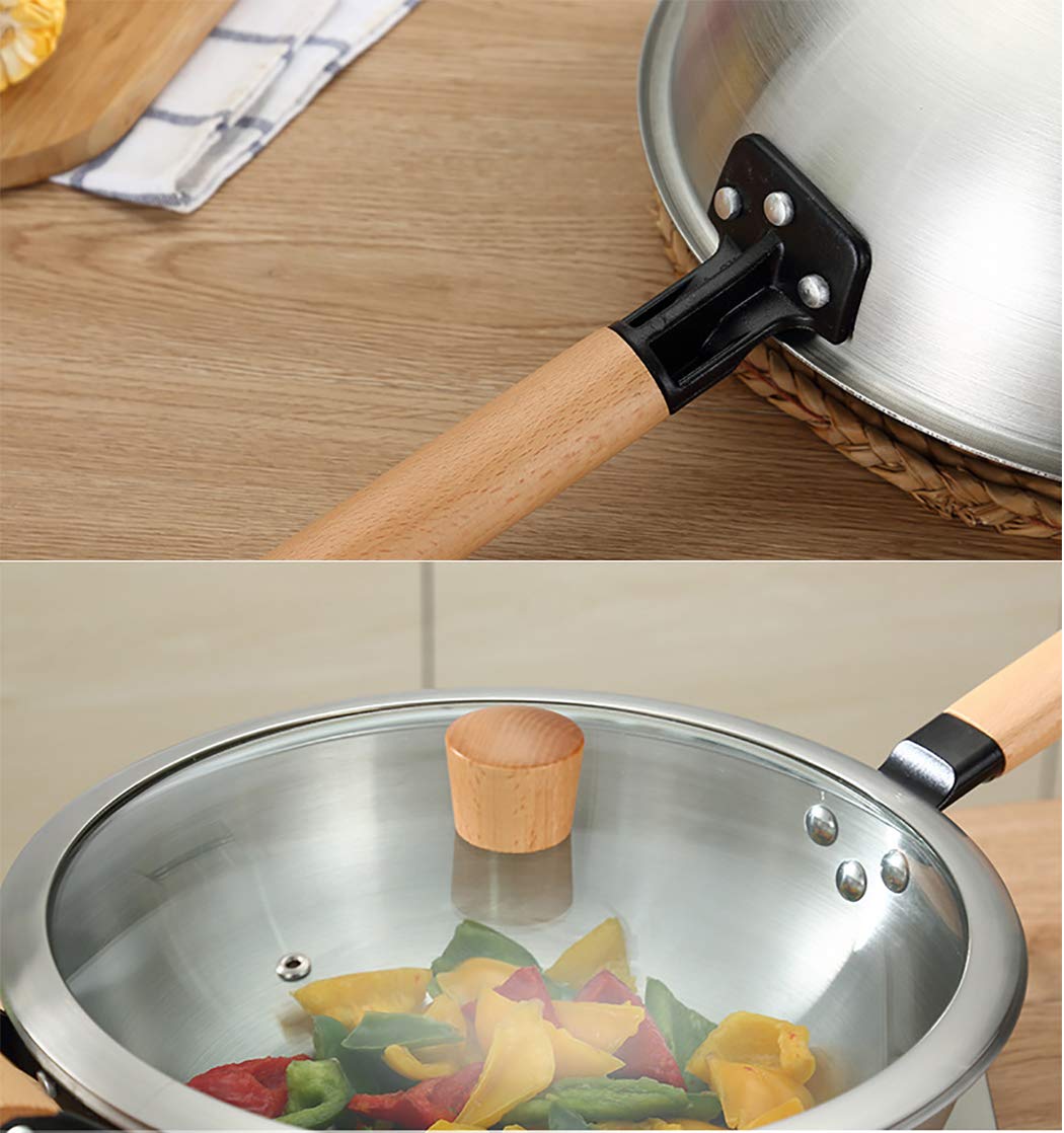 One Piece 12.5-inch Multi-Ply Clad 18/10 Stainless Steel Wok Pan - Stir Fry Pan with Dome Lid & Steamer Basket, Wooden Handle - Perfect for Asian Cooking, Stir-Frying, Steaming & Restaurant-Style Meals