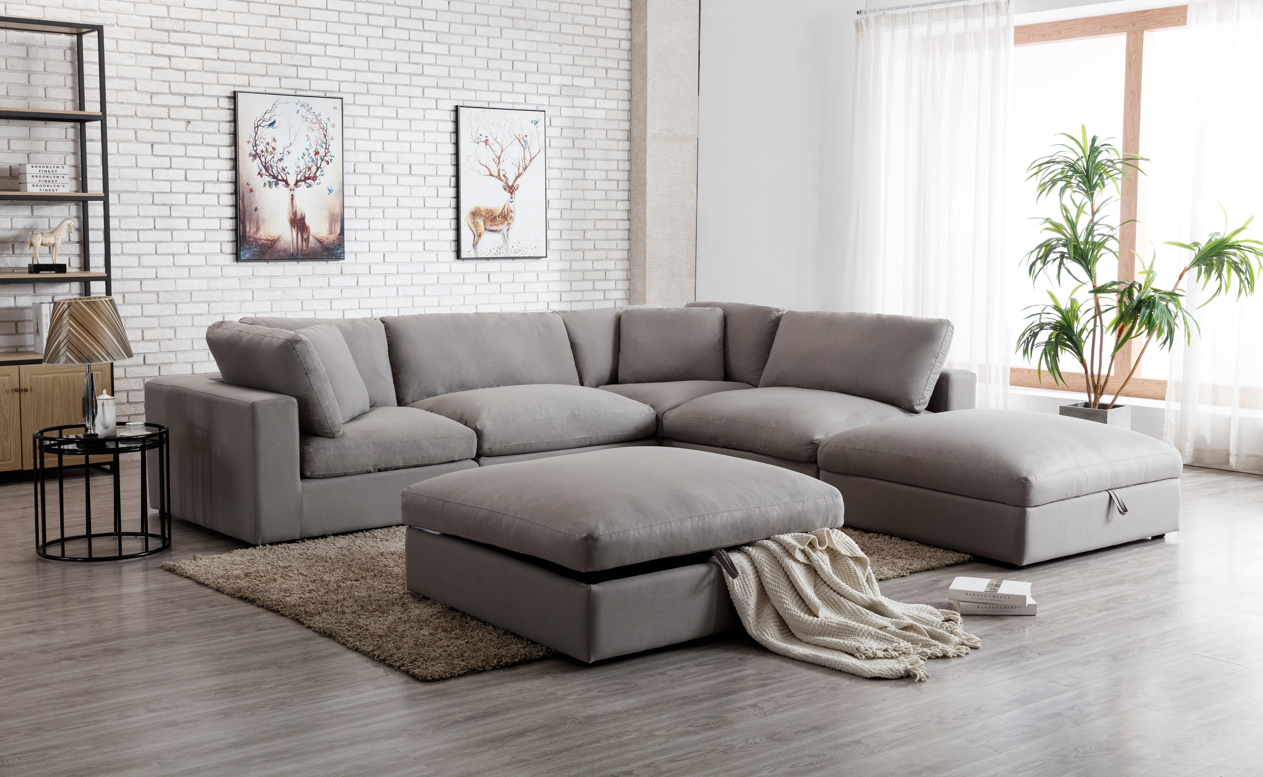 Rivas Contemporary Feather Fill 5-Piece Modular Sectional Sofa with 2 Ottomans in Graphite - Perfect for Living Room, Lounge & Family Room Comfort
