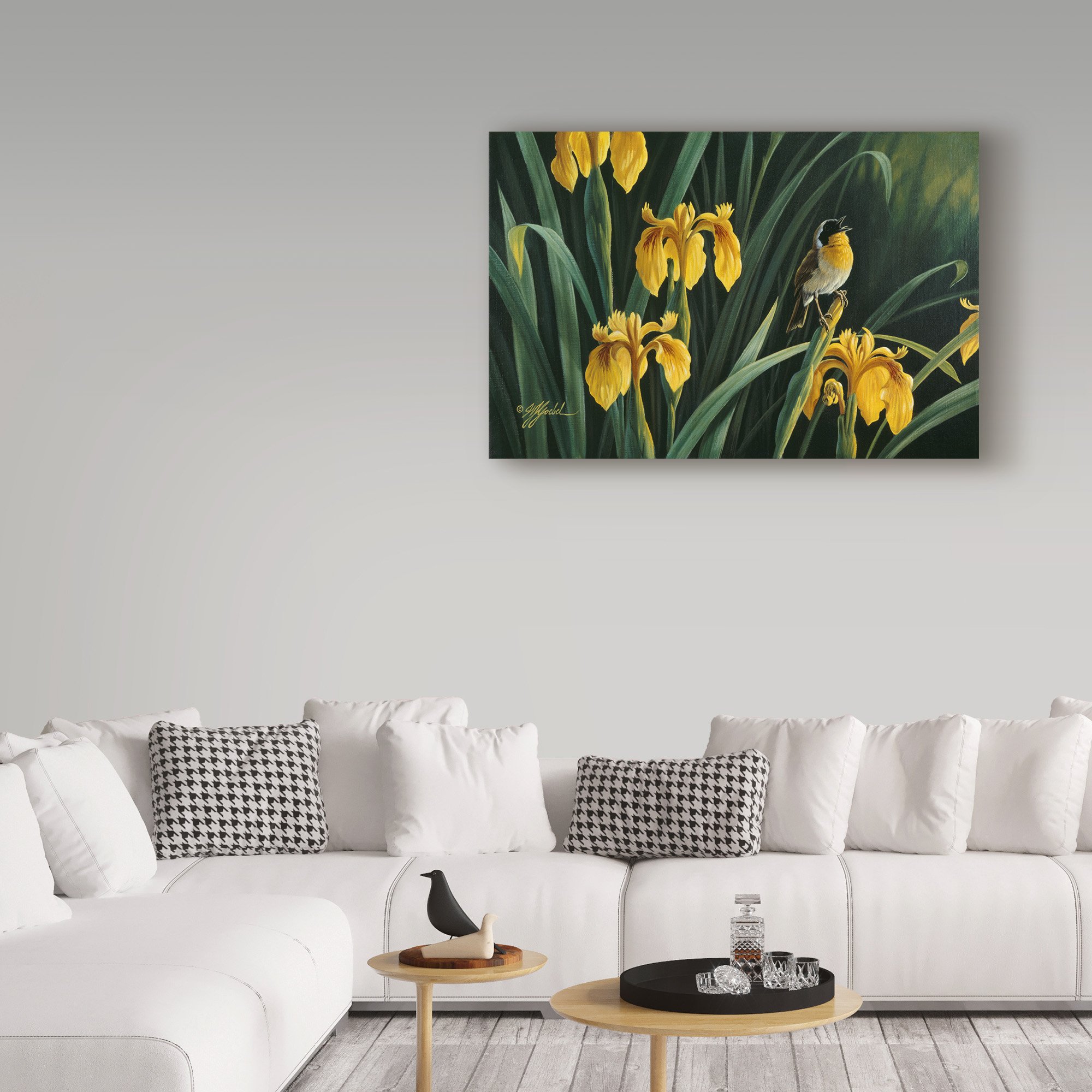 Wilhelm Goebel Yellow Flags and Yellowthroat Wall Art - 30x47 Inch Floral Landscape Painting for Home, Office, and Garden Decor
