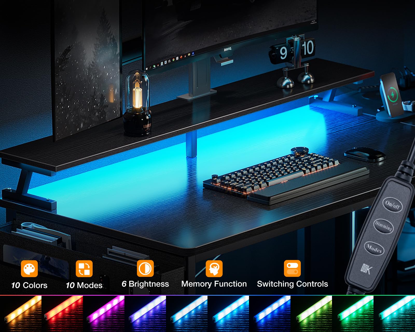 ODK 55-Inch L Shaped Gaming Desk with LED Lights & USB Ports, Reversible Computer Desk with 4 Drawers & CPU Stand, Ergonomic Corner Desk for PC Gaming Setup - Perfect for Small Spaces & Bedroom Gaming Stations (Black)