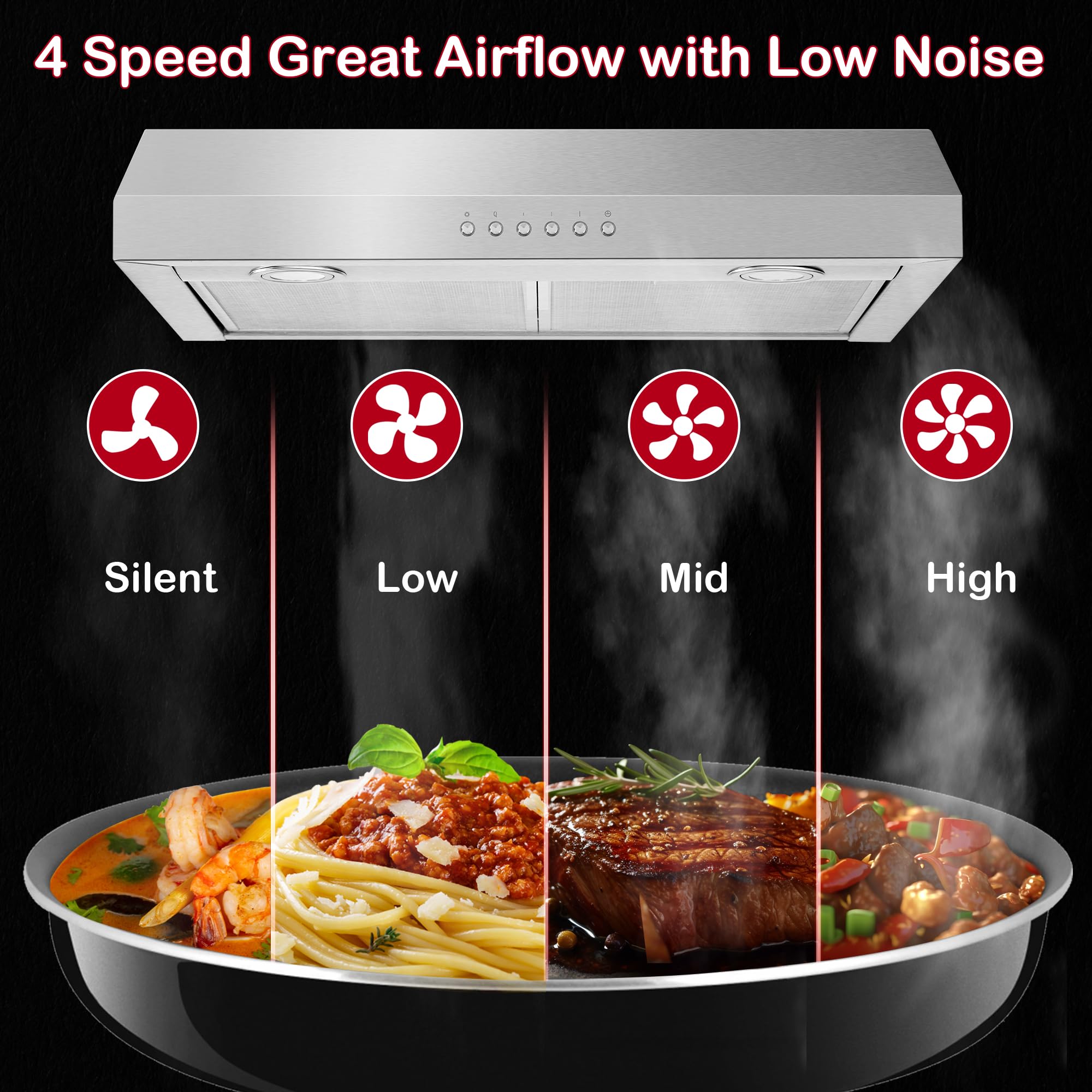 ONEEON 24 Inch Under Cabinet Range Hood - Slim Stainless Steel Kitchen Vent Hood with 4-Speed Exhaust Fan, 2 Washable Filters & LED Lights | Perfect for Small Kitchens, Apartments & Remodeling Projects