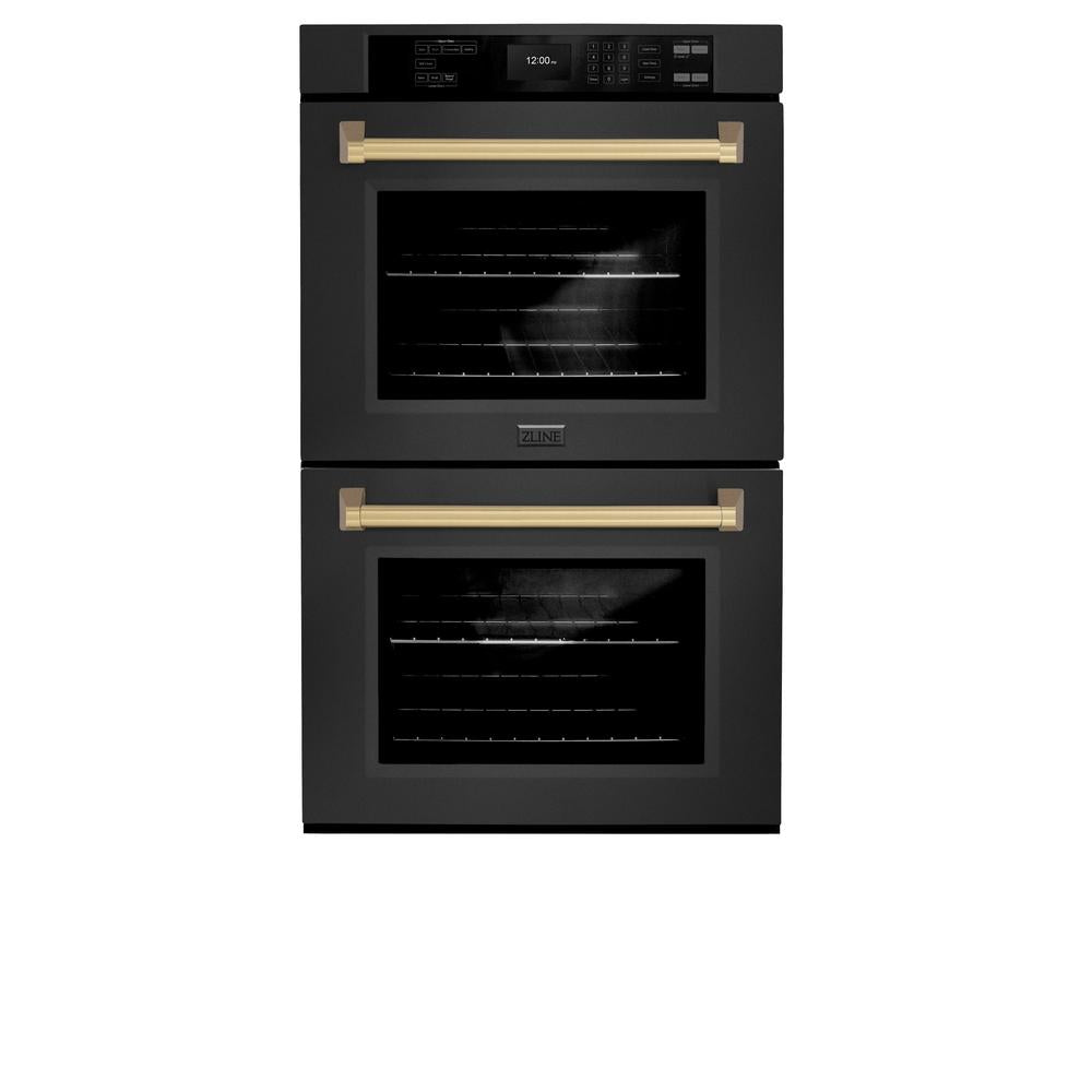 ZLINE Autograph Edition 30-inch Black Stainless Steel Professional Double Wall Oven with True Convection, Air Fry & Self-Clean - Champagne Bronze Handles (WADBZ 30 CB) | Perfect for Home Chefs & Modern Kitchens