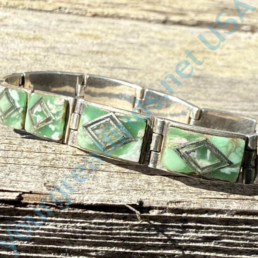 Vintage Sterling Silver Panel Bracelet with Mint Green & White Glass Inlay - Elegant Boho Jewelry for Women, Perfect for Parties, Weddings & Everyday Wear