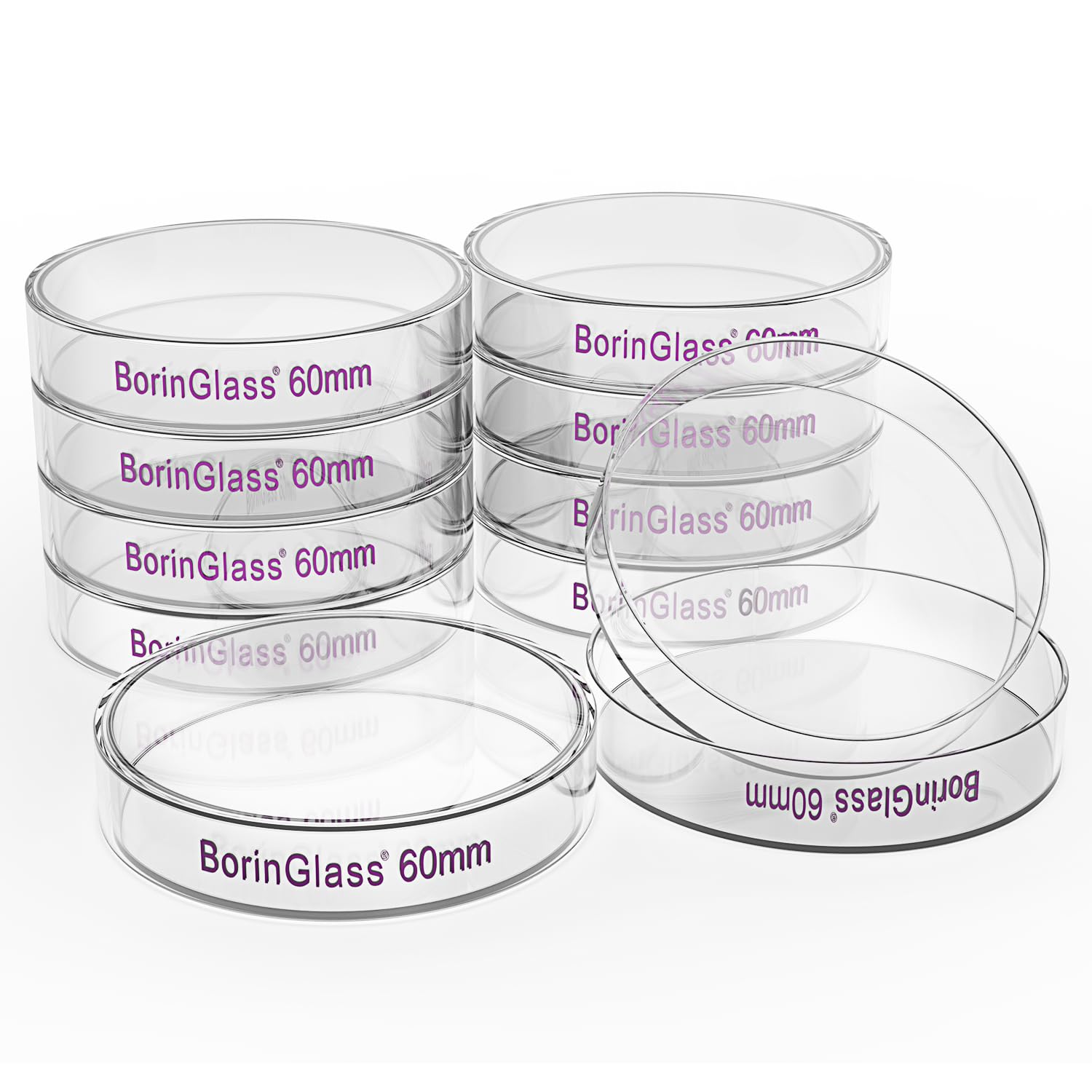 BorinGlass Autoclavable Glass Petri Dishes - 60x15mm Lab-Grade Cell Culture Dishes with Clear Lid (Pack of 10) - Ideal for Microbiology Experiments, Bacterial Culturing & Scientific Research