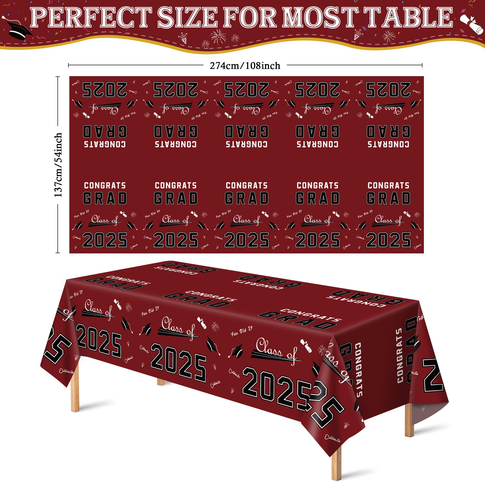 OHOME Class of 2025 Graduation Party Decorations Set - 2 Pack Maroon Disposable Plastic Tablecloths 54
