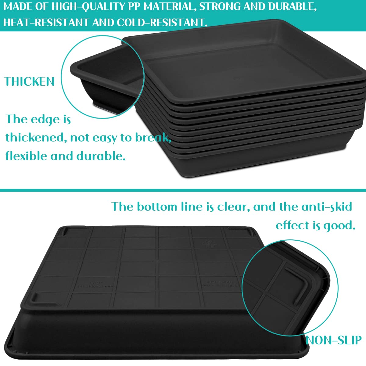 10 PCS 7-Inch Square Plastic Plant Saucers - Thick Drip Trays for Flower Pots, Garden Planters & Potted Plants | Water & Soil Protection | Indoor/Outdoor Use (Black)