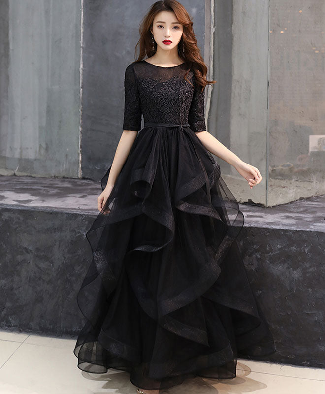 Elegant Black Tulle Lace Long Prom Dress - Formal Evening Gown for Homecoming, Wedding, Ball - Plus Size Options Available