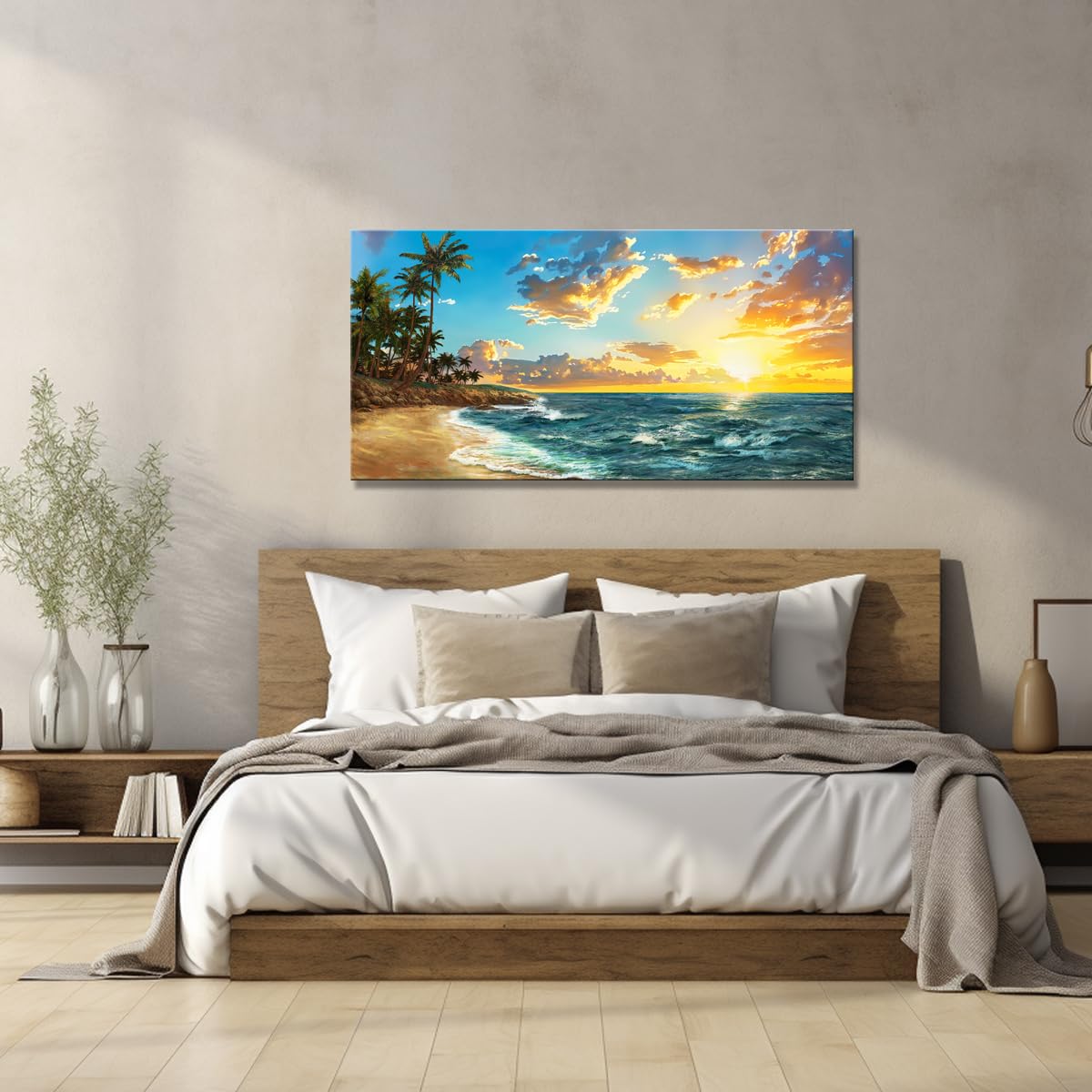 Popuwall XXLarge Tropical Beach Sunset Wall Art - Palm Trees & Ocean Waves Painting for Living Room, Bedroom, Farmhouse & Office Decor | Perfect for Coastal, Summer & Vacation Themed Spaces