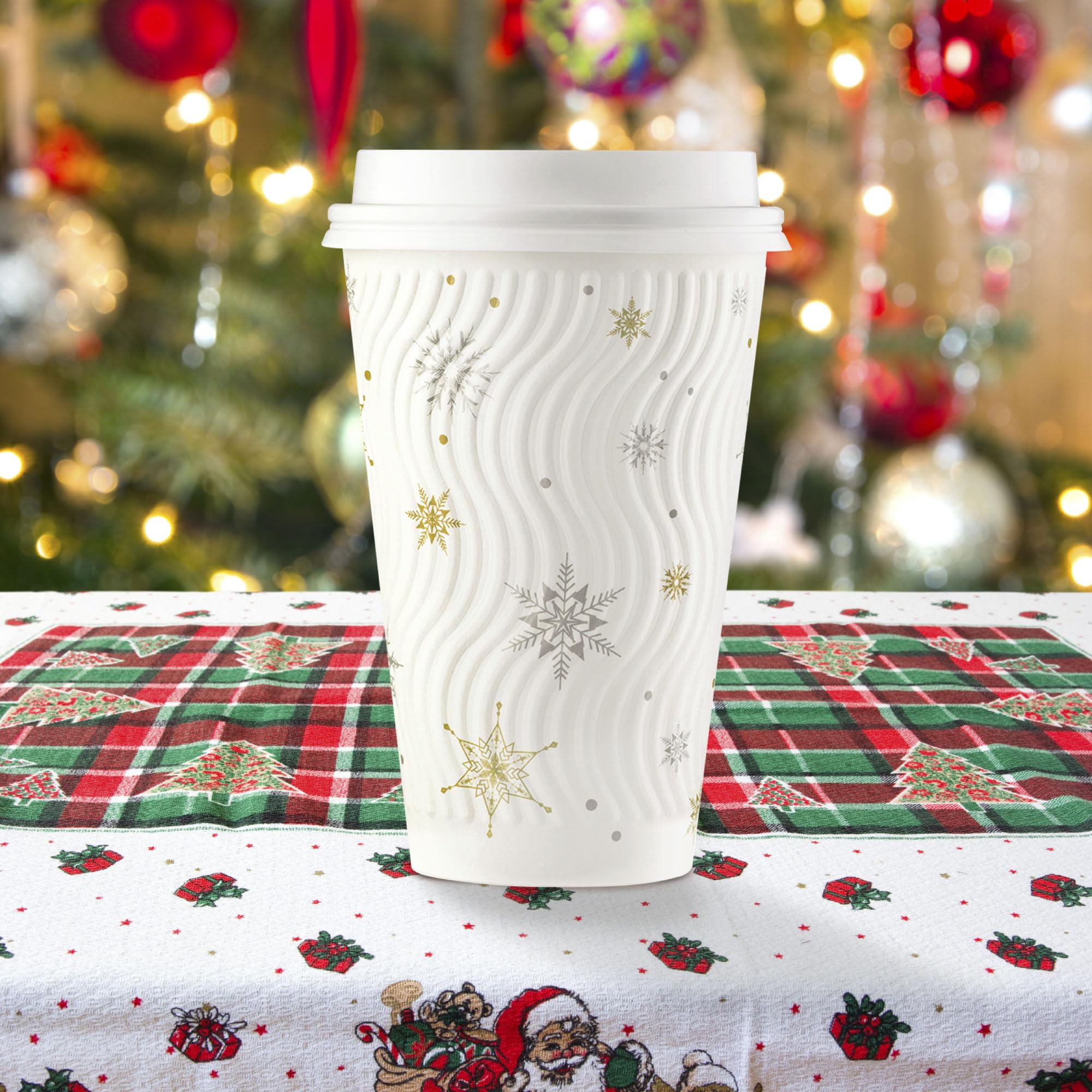 [400 SET] 16 oz Christmas Coffee Cups with Lids - White Snowflake Winter Disposable Paper Cups, Insulated Ripple Wall Design, XMAS Gold & Silver Foil - Perfect for Hot Chocolate, Holiday Parties & Office Gatherings