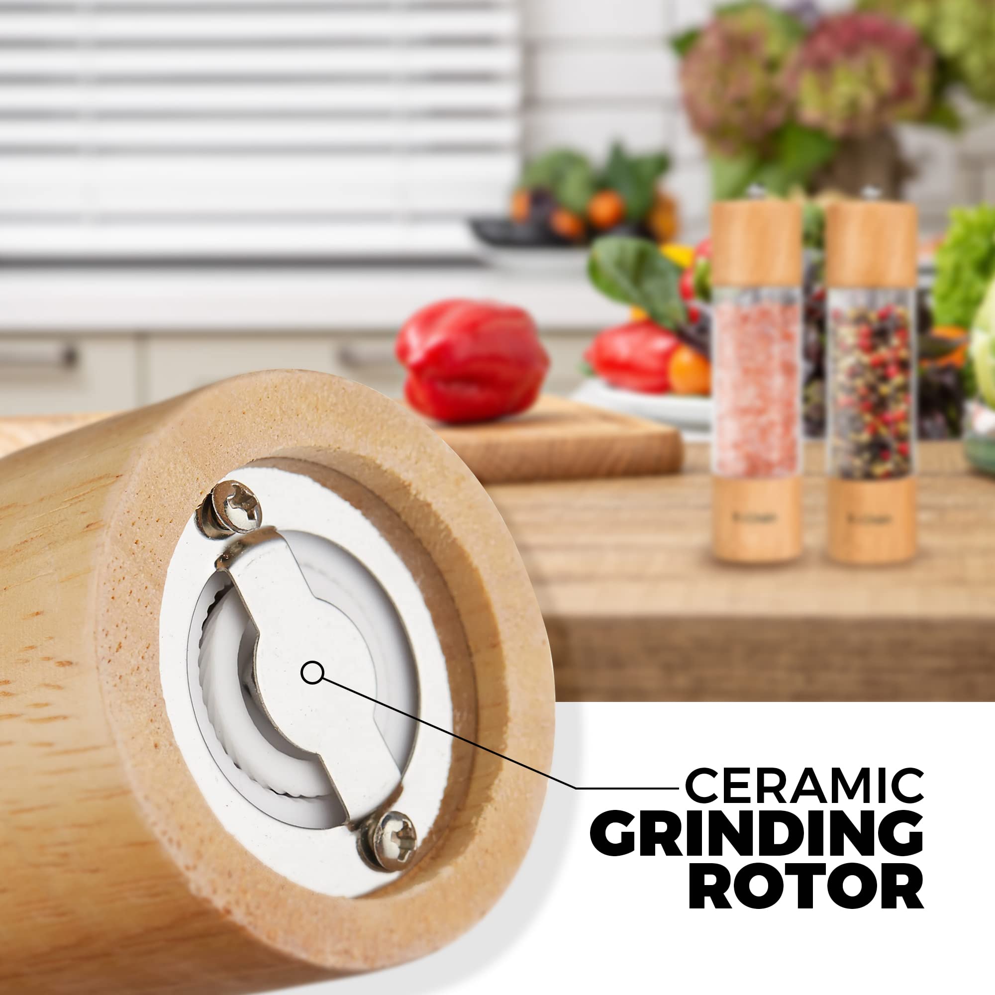 Premium Wooden Salt and Pepper Grinder Set - Manual Adjustable Refillable Spice Mill with Large Capacity - Perfect for Kitchen, Dining Table & Outdoor BBQ