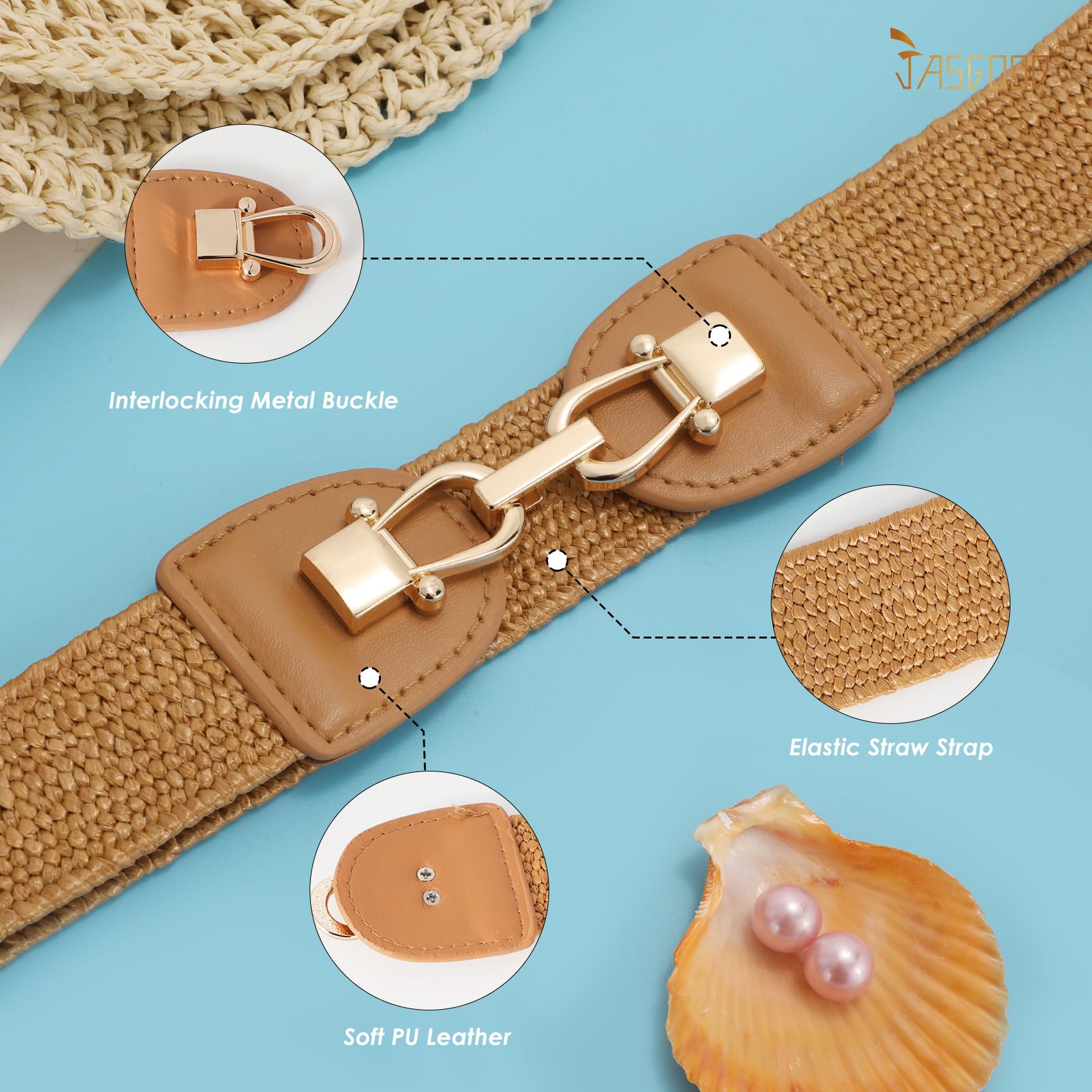 JASGOOD Women's Stretchy Boho Braided Skinny Belt - Elastic Waist Belt with Straw Woven Design for Dresses, Skirts & Summer Outfits | Perfect for Casual, Beach & Boho Fashion Styles