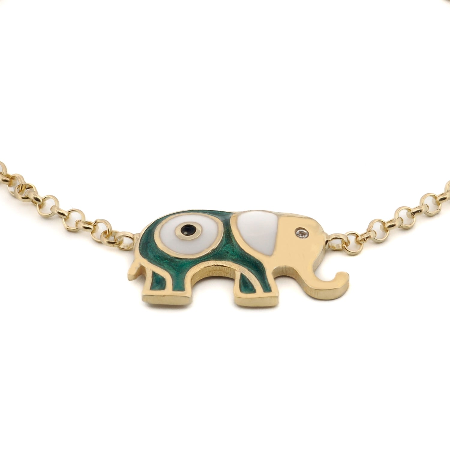 Wishful Elephant & Evil Eye Green Enamel Gold Chain Bracelet - Boho Chic Jewelry for Women, Protection Charm Bracelet for Good Luck & Positive Energy | Perfect for Everyday Wear, Gifts & Spiritual Healing