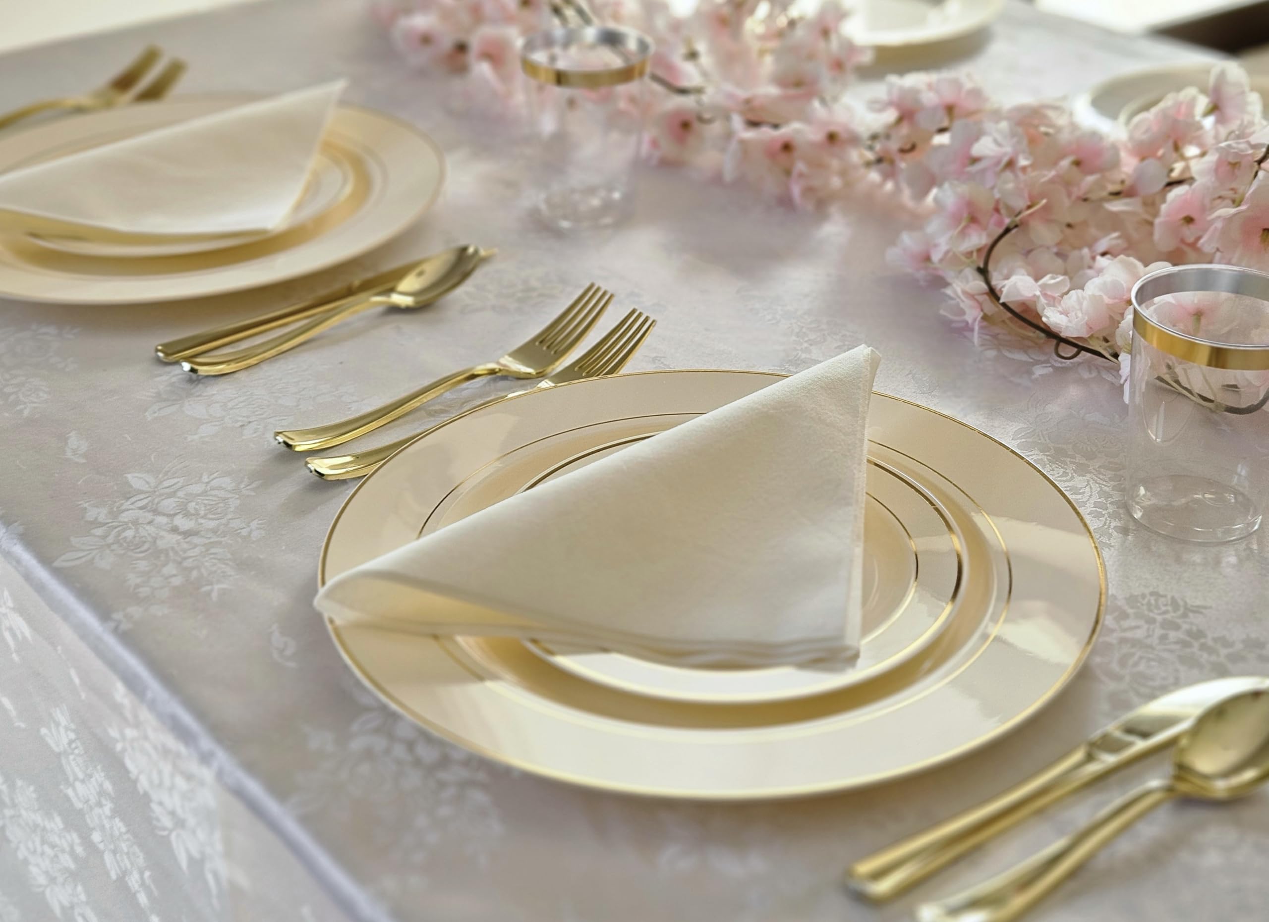 120-Pack Heavyweight Disposable Plastic Plates for Weddings & Parties - 10.5 Inch Ivory Dinner Plates with Gold Rim - Elegant Tableware for Bridal Showers, Baby Showers, and Special Events