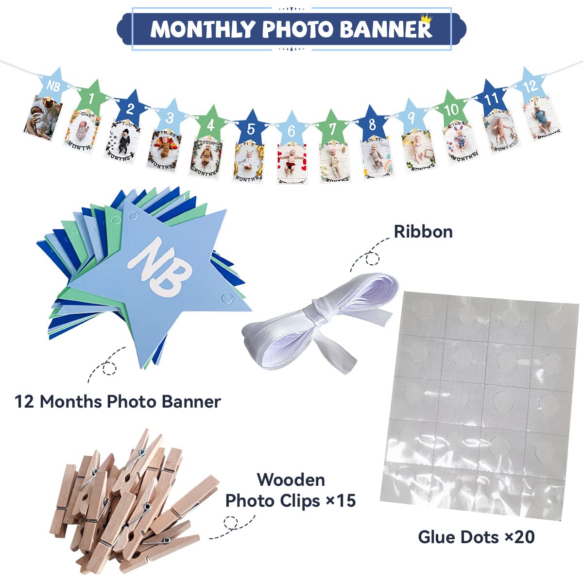 Tenshun 1st Birthday Decorations for Boys - Happy Birthday Banner, High Chair Banner & 12 Monthly Photo Banner Set | Baby Boy's First Birthday Party Supplies | Perfect for Birthday Photos, Cake Smash, and Nursery Decor