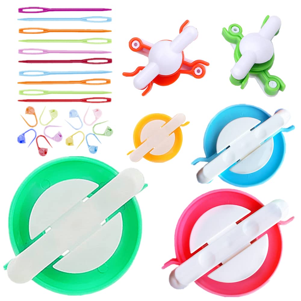 5 Sizes Pom Pom Maker Kit with 10 Knitting Stitch Markers & 10 Plastic Needles - DIY Fluffy Yarn Ball Weaving Tool for Knitting, Crochet, and Craft Projects - Perfect for Beginners, Home Decor, and Gift Making