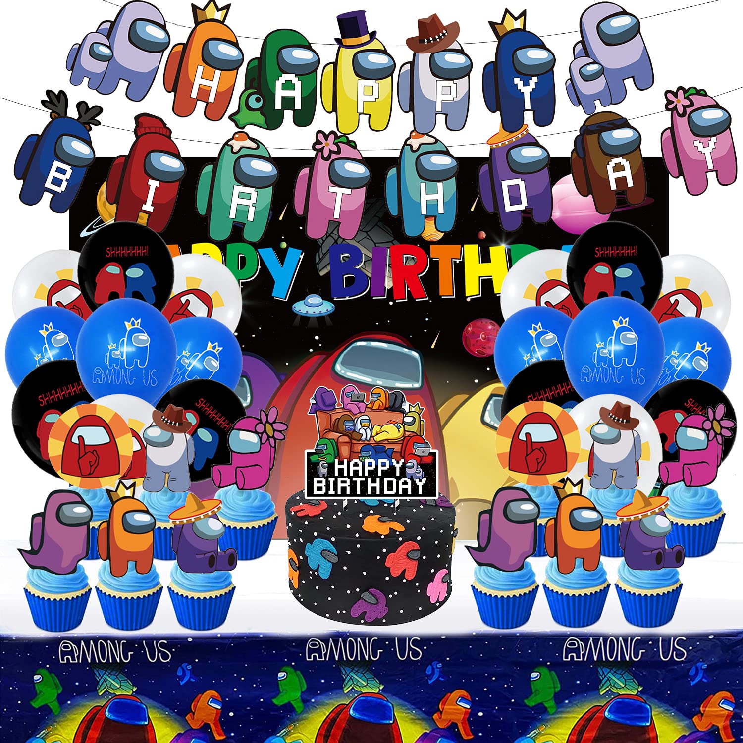 Among Us Birthday Party Decorations Set - Includes Backdrop, Tablecloth, Banner, Balloons & Cake Toppers | Perfect for Gamer Themed Birthday Celebrations & Video Game Parties