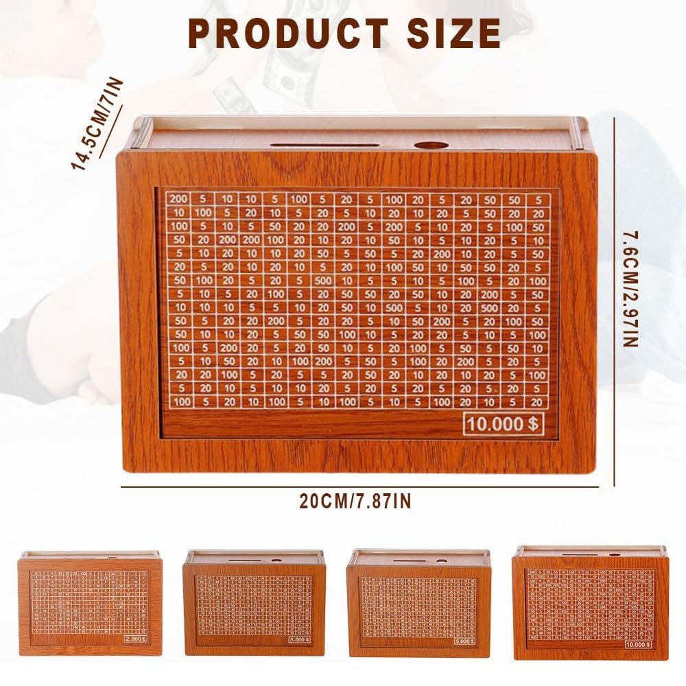 Wooden Cash Vault Savings Box - $10,000 Money Saving Challenge with Target Numbers - Piggy Bank for Adults & Kids - Perfect for Budgeting, Financial Goals, and Teaching Kids Money Management