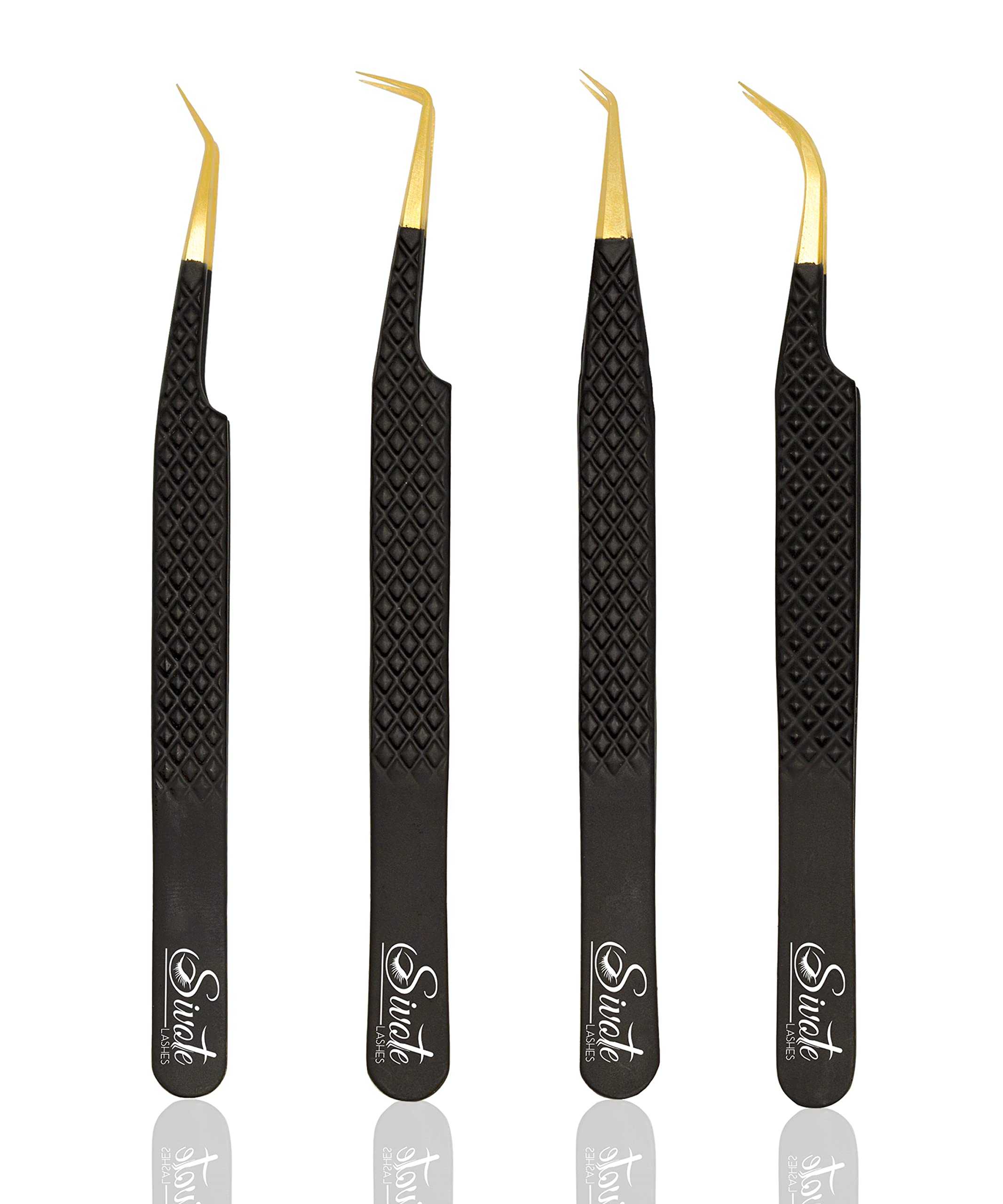 SIVOTE Professional Eyelash Extension Tweezers Set - 4-Piece Black Fiber Tip Tweezers with Diamond Grip | Japanese Stainless Steel for Classic/Volume/Mega Volume Lashes | Anti-Rust Design | Perfect for Lash Technicians & Salon Professionals | Great for Home Use & Professional Lash Applications