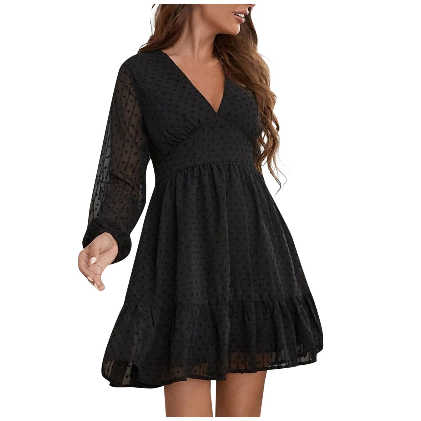 QUFECH Women's Elegant V-Neck Long Sleeve High Waist Dress - Summer Office Commuter Dress for Work, Party & Casual Wear | Flattering Fit & Comfortable Fabric
