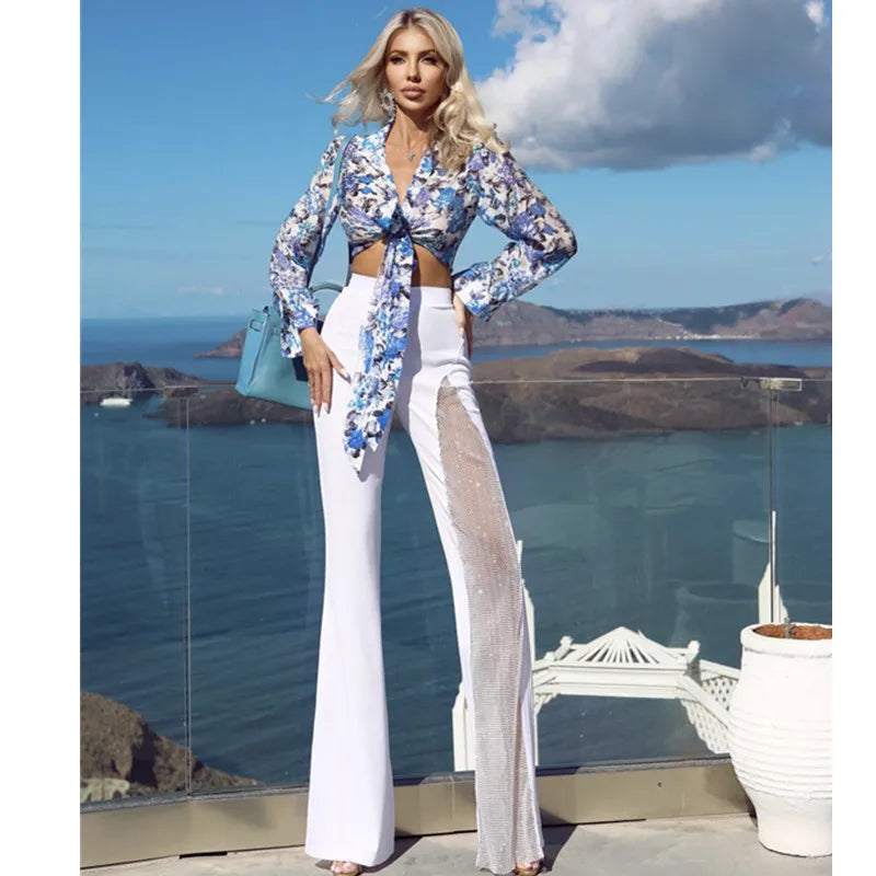 Black Red White Rayon Bandage Wide Leg Pants for Women - Sexy High Waist Summer Fashion Pants with Diamond Keyhole Design - Perfect for Beach, Party & Celebrity Style Outfits