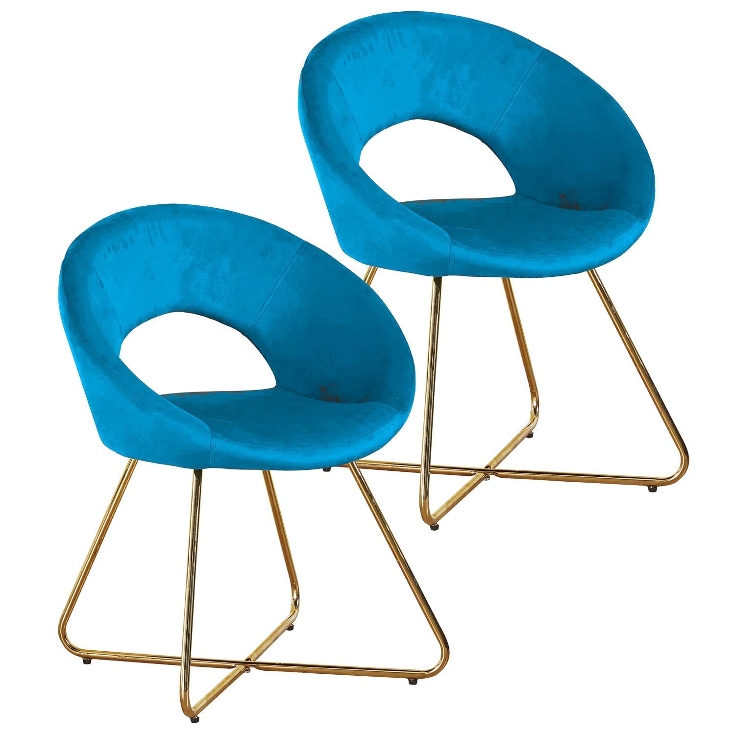 Modern Velvet Accent Chairs Set of 2 - Mid Century Upholstered Armchairs with Golden Legs for Living Room, Dining Room & Lounge - Blue Comfy Leisure Chairs for Home Decor, Reading Nook & Coffee Corner
